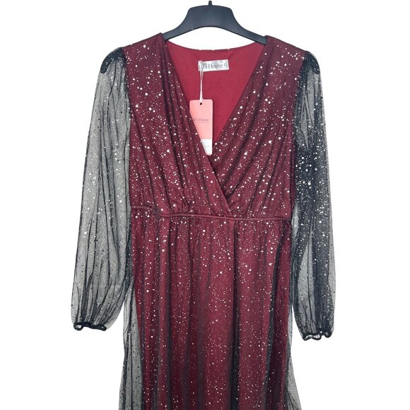 JJs House Burgundy A-Line Dress XL Womens Sparkly Party Gown With Sheer Sleeves - Picture 13 of 16